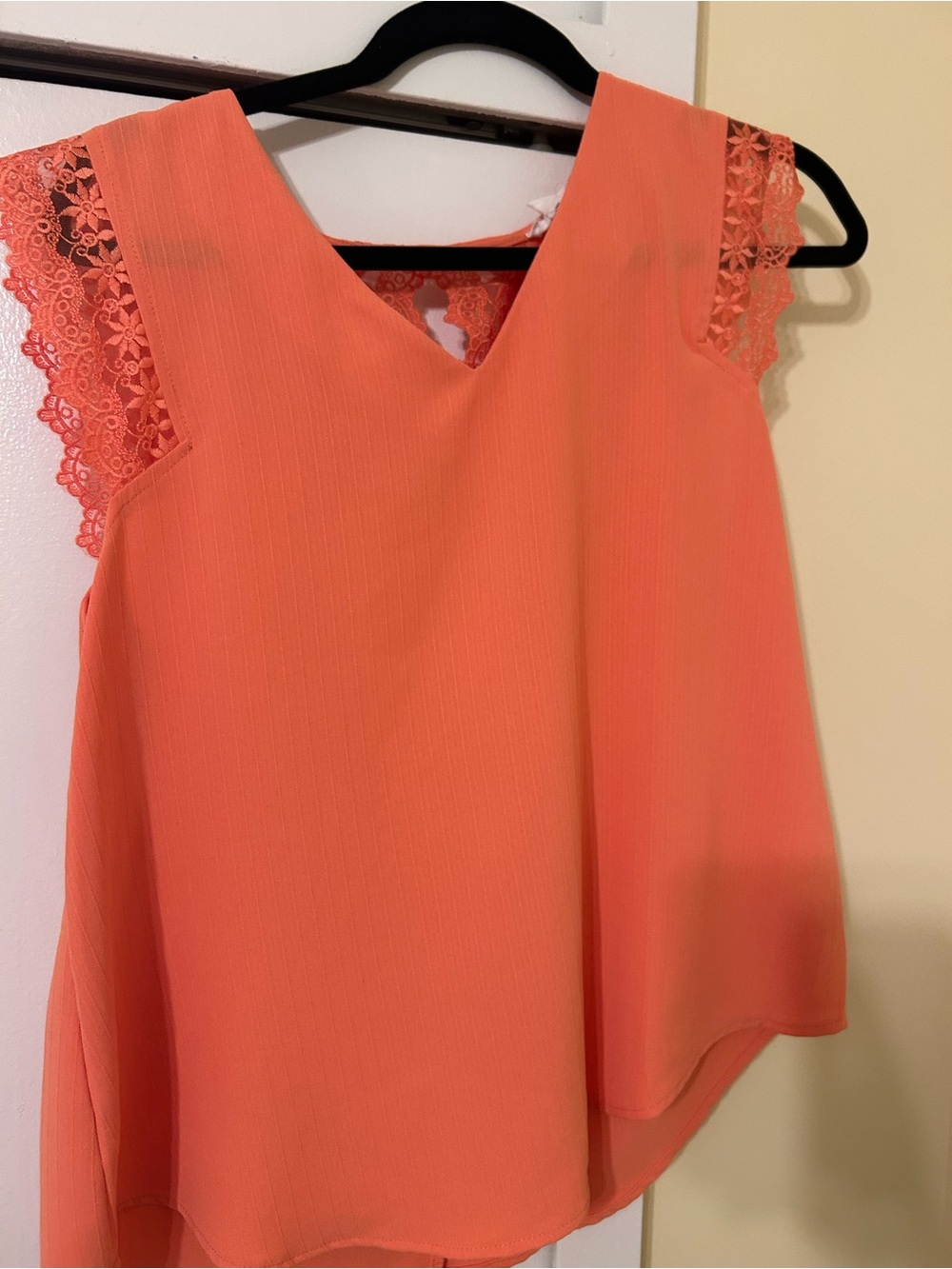 Coral Lace Cap-Sleeve V-Neck Blouse